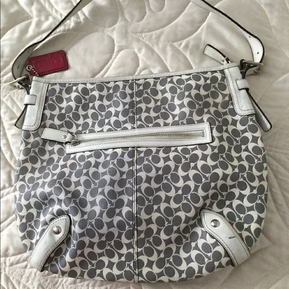 Coach bag, pink, gray, logo and stripe